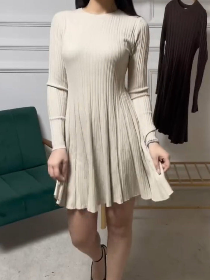 Abito da donna in tessuto a costine con maniche lunghe, design aderente ed elasticizzato volant morbido e caldo Beige Level Stores