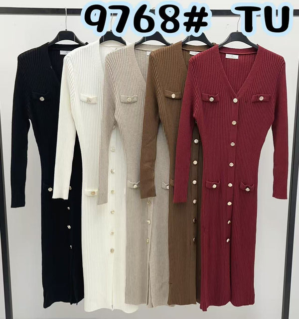 Abito di maglione a costine scollo a v con bottoni manica lunga aderente elegante elasticizzato morbido e caldo Nero Level Stores