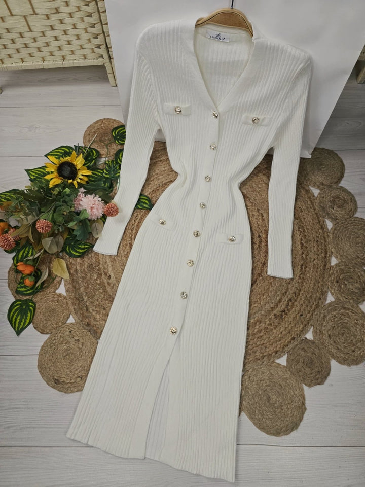 Abito di maglione a costine scollo a v con bottoni manica lunga aderente elegante elasticizzato morbido e caldo Nero Level Stores