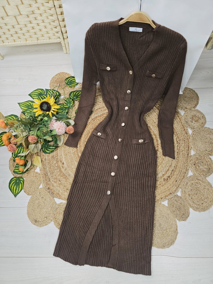 Abito di maglione a costine scollo a v con bottoni manica lunga aderente elegante elasticizzato morbido e caldo Nero Level Stores