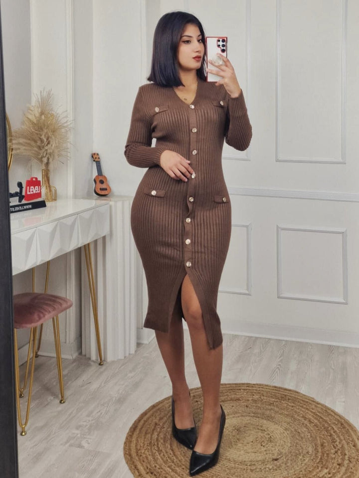 Abito di maglione a costine scollo a v con bottoni manica lunga aderente elegante elasticizzato morbido e caldo Nero Level Stores