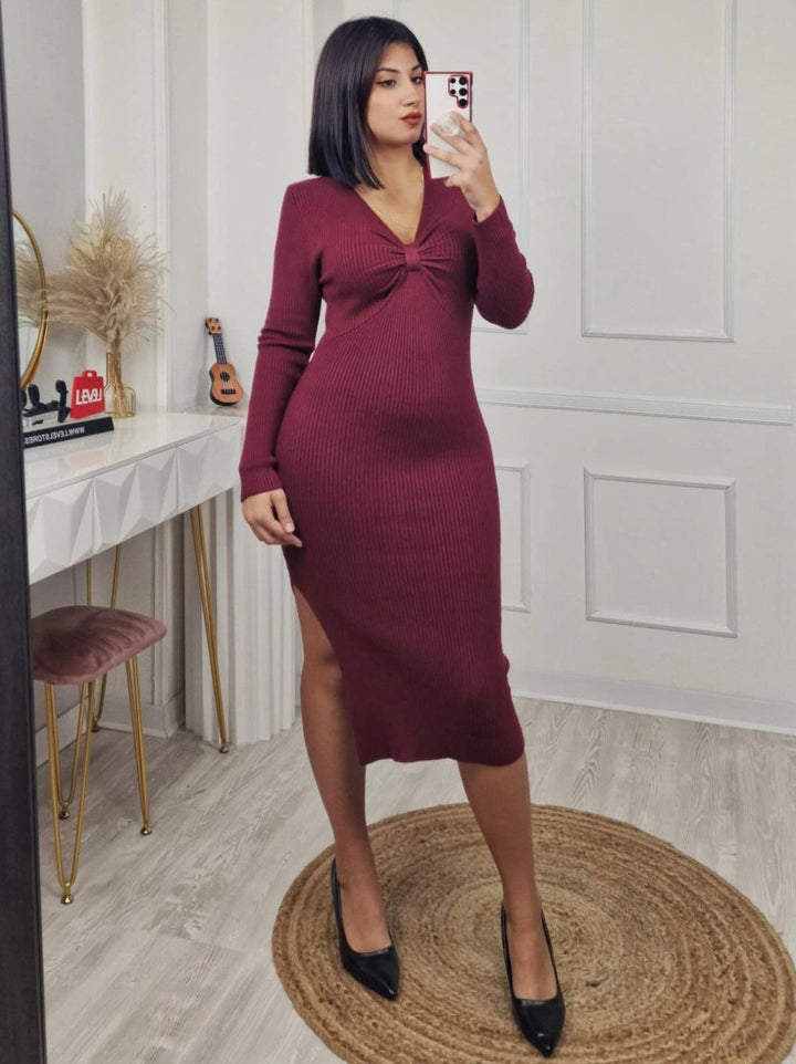 Abito di maglione a costine scollo a V manica lunga aderente elegante elasticizzato morbido e caldo Nero Level Stores