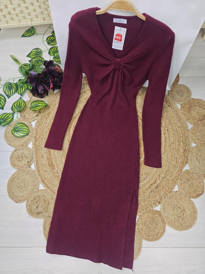 Abito di maglione a costine scollo a V manica lunga aderente elegante elasticizzato morbido e caldo Nero Level Stores