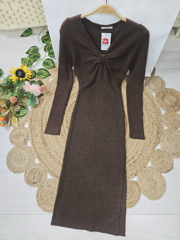 Abito di maglione a costine scollo a V manica lunga aderente elegante elasticizzato morbido e caldo Nero Level Stores