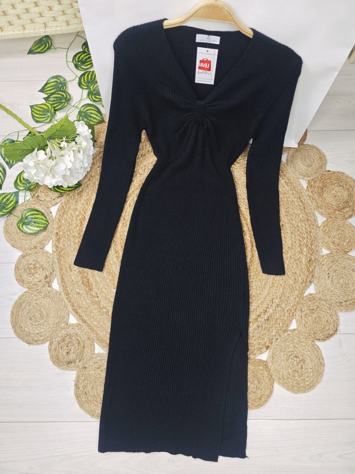 Abito di maglione a costine scollo a V manica lunga aderente elegante elasticizzato morbido e caldo Nero Level Stores
