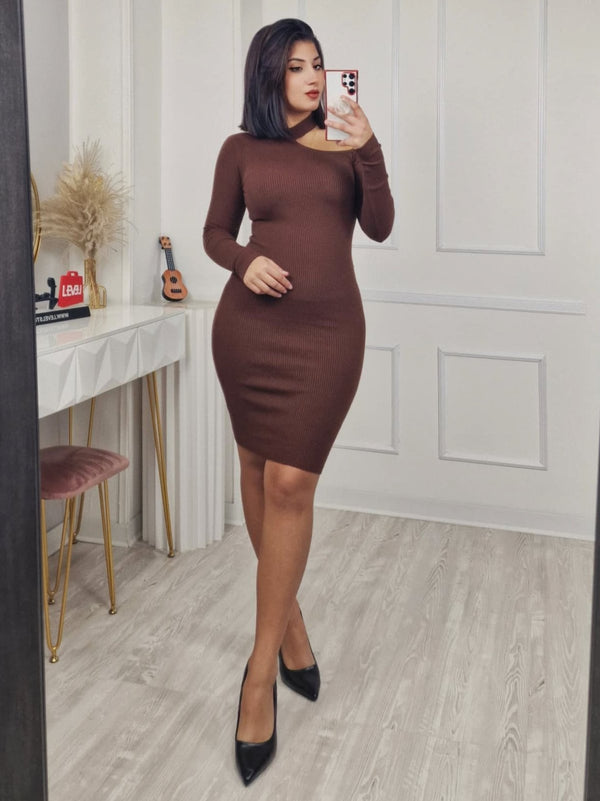 Abito donna a costine manica lungo aderente elasticizzato Nero Level Stores