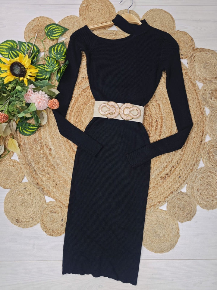 Abito donna costine manica lungo aderente elasticizzato Nero Level Stores