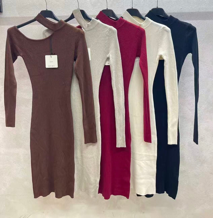 Abito donna costine manica lungo aderente elasticizzato Nero Level Stores