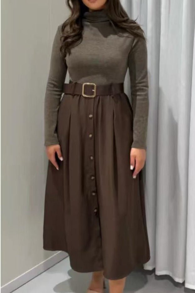 Abito donna in lana collo alto inclusa la cintura con tasche casual Marrone Level Stores