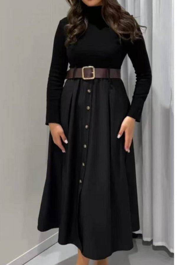 Abito donna in lana collo alto inclusa la cintura con tasche casual Nero Level Stores