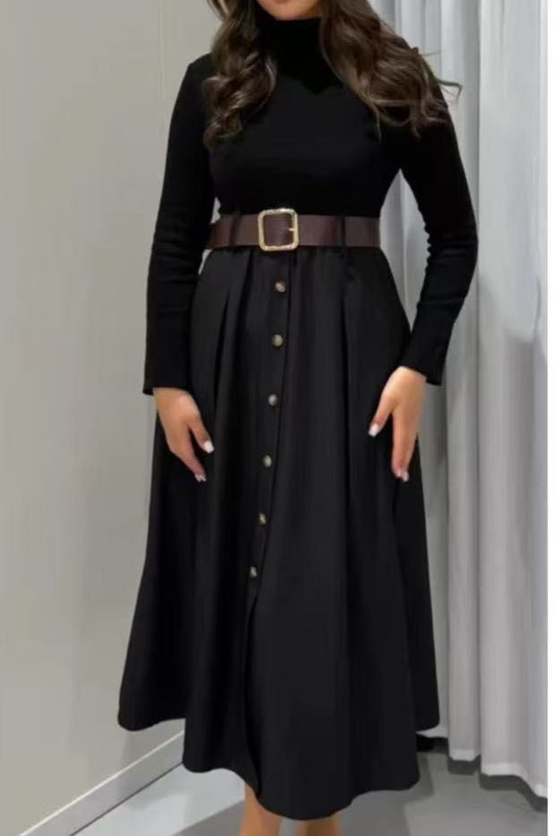 Abito donna in lana collo alto inclusa la cintura con tasche casual Nero Level Stores