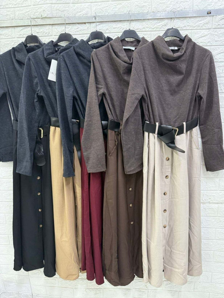 Abito donna in lana collo alto inclusa la cintura con tasche casual Bordo Level Stores