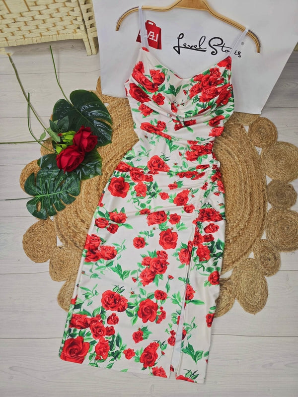Abito Donna Longuette Bretelle Fantasia Floreale con coppe Spacco Aderente Elegante - Bianco - Level Stores