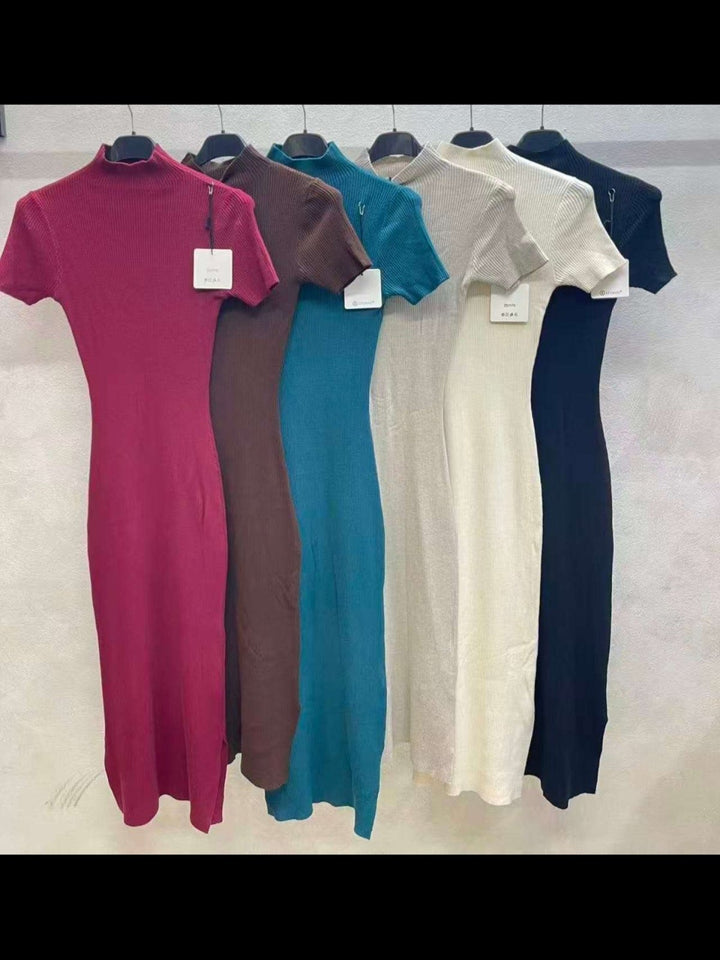 Abito donna Longuette costine manica corta collo alto aderente Spacco Marrone Level Stores