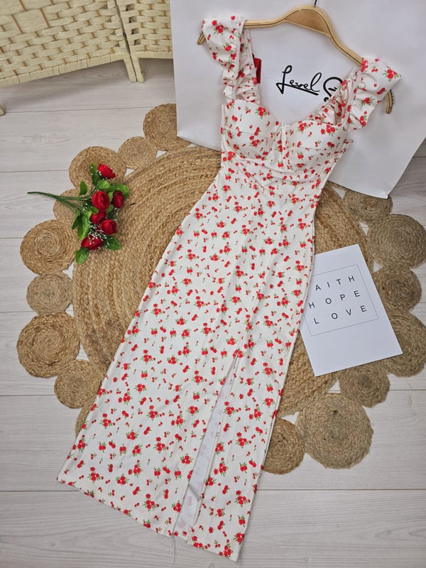 Abito Donna Longuette Scollo Cuore Bretelle Fantasia Floreale Spacco Aderente Elegante - Bianco/Rosso - Level Stores