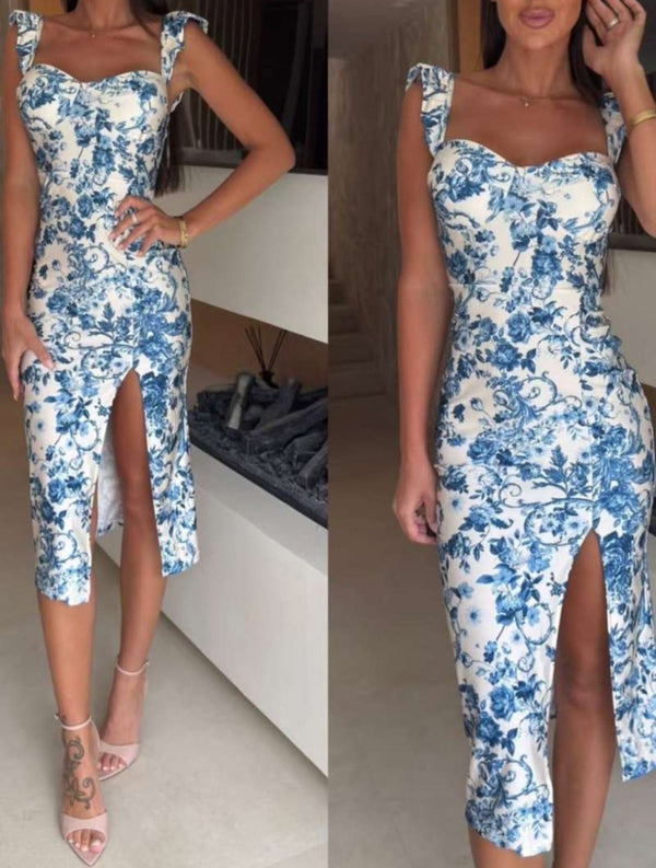 Abito Donna Longuette Scollo Cuore Bretelle Fantasia Floreale Spacco Aderente Elegante - Celeste - Level Stores
