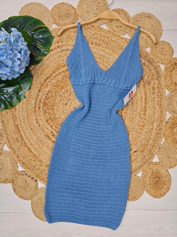 Abito effetto uncinetto traforato con bretelle scollo a v elasticizzato - Blu - Level Stores