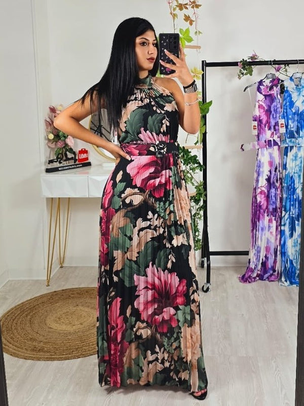 Abito in chiffon con fantasia floreale plissettato e cintura inclusa - Nero - Level Stores