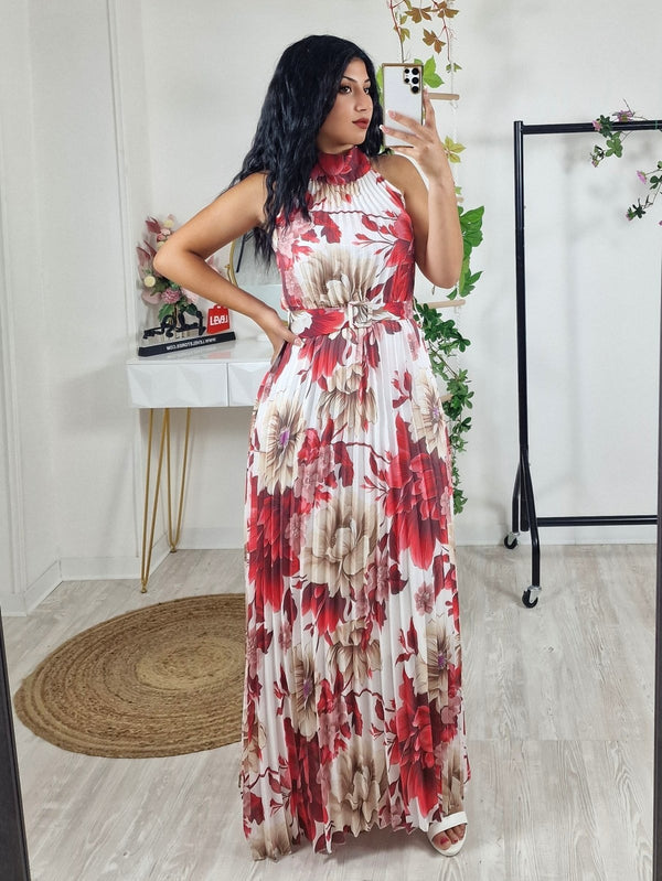 Abito in chiffon con fantasia floreale plissettato e cintura inclusa - Bianco/Rosso - Level Stores