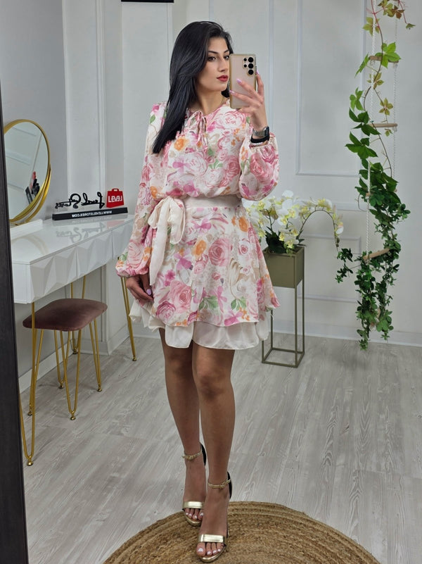 Abito in chiffon con fodera con spalle con fantasia floreale - Celeste - Level Stores