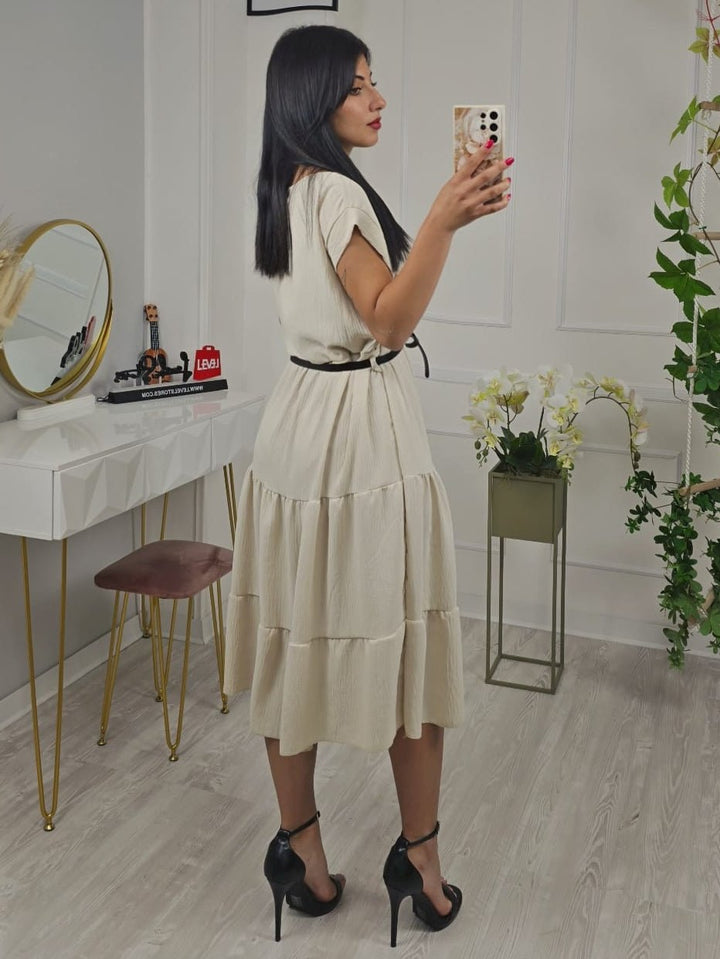 Abito in chiffon morbido inclusa la cintura - Beige - Level Stores