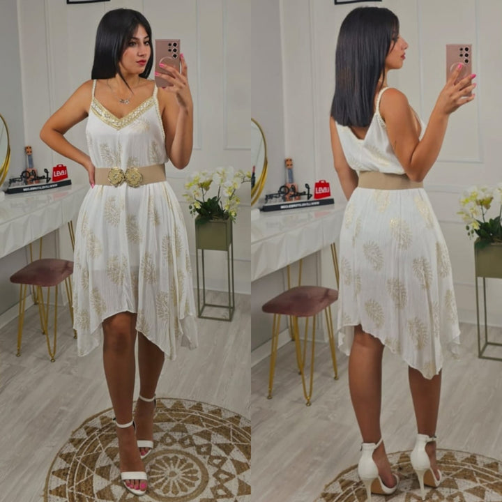 Abito in chiffon morbido scollo a v - Bianco - Level Stores