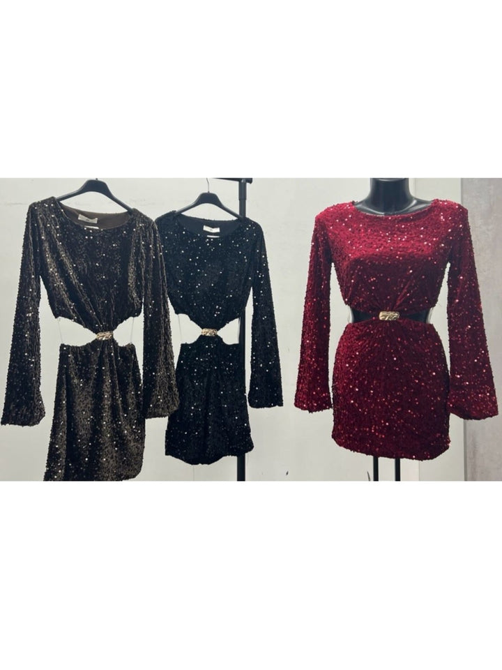 Abito in ciniglia con paillettes manica lunga elegante Marrone Level Stores