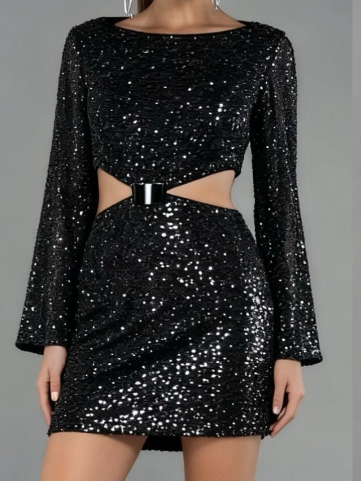 Abito in ciniglia con paillettes manica lunga elegante Nero Level Stores