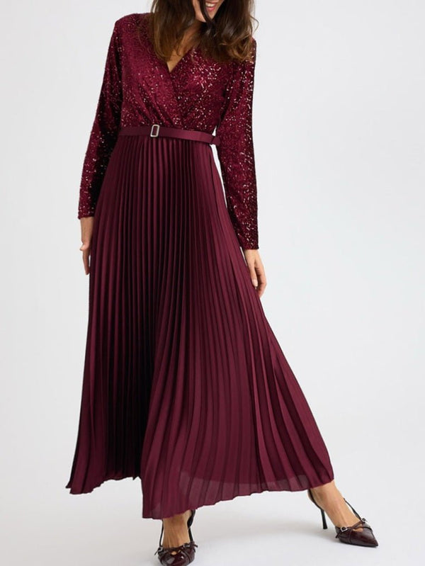 Abito in ciniglia con paillettes scollo a v manica lunga inclusa la cintura gonna plissettate ampia elasticizzato&nbsp; Bordo Level Stores