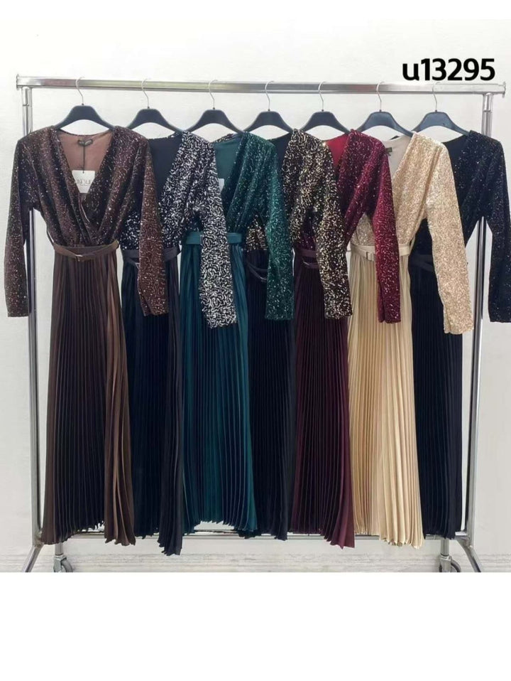 Abito in ciniglia con paillettes scollo a v manica lunga inclusa la cintura gonna plissettate ampia elasticizzato&nbsp; Argento Level Stores
