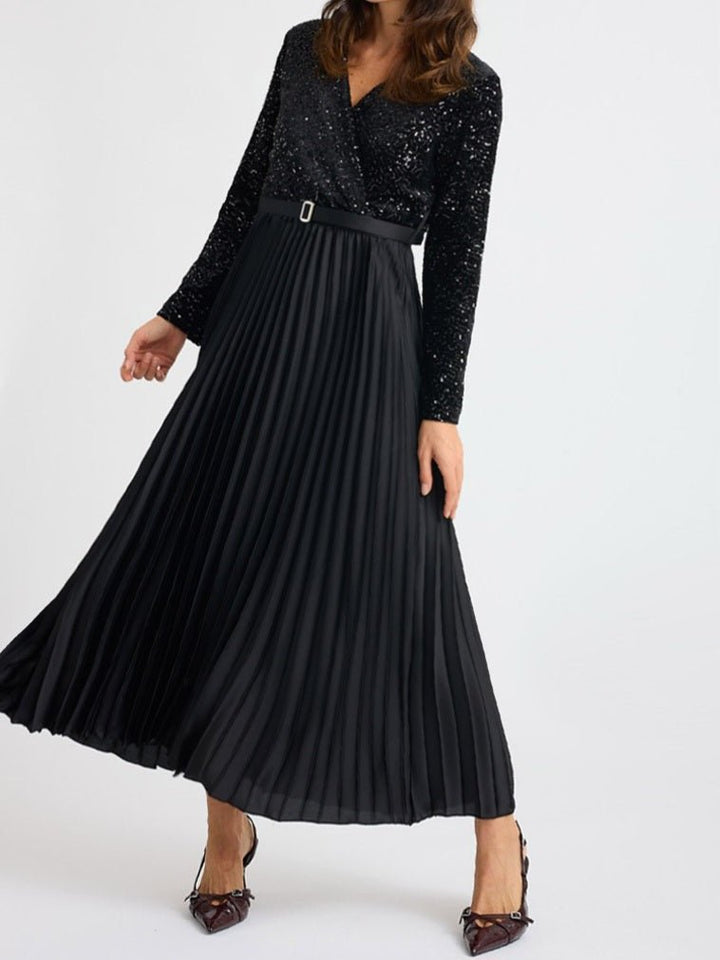 Abito in ciniglia con paillettes scollo a v manica lunga inclusa la cintura gonna plissettate ampia elasticizzato&nbsp; Nero Level Stores