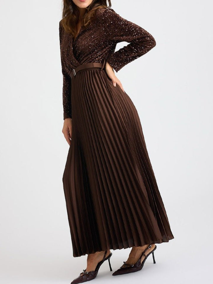 Abito in ciniglia con paillettes scollo a v manica lunga inclusa la cintura gonna plissettate ampia elasticizzato&nbsp; Argento Level Stores