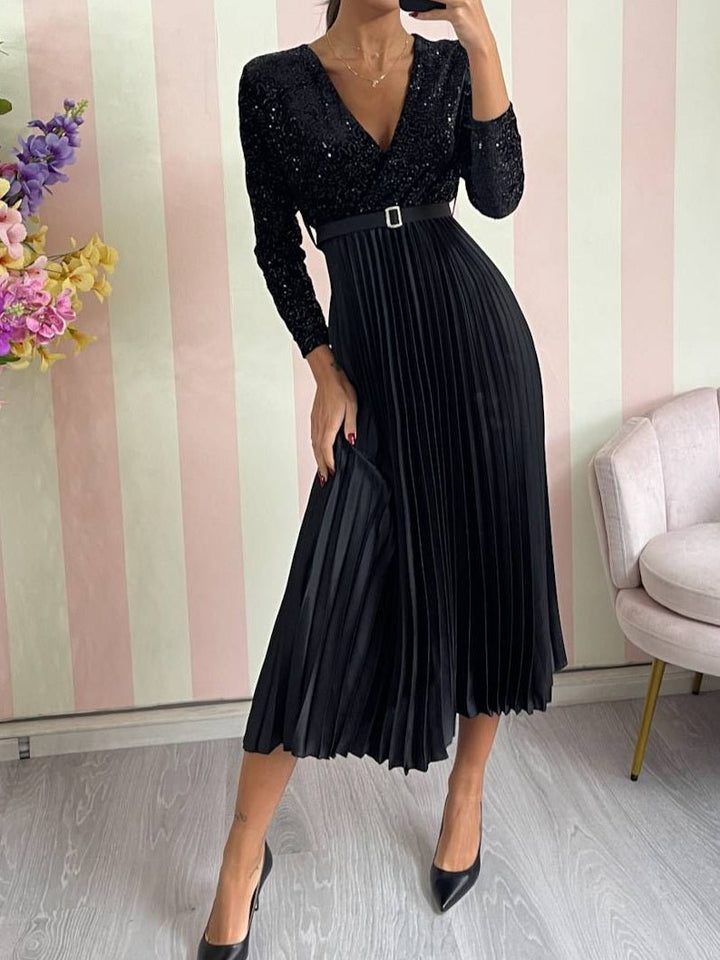 Abito in ciniglia con paillettes scollo a v manica lunga inclusa la cintura gonna plissettate ampia elasticizzato&nbsp; Argento Level Stores