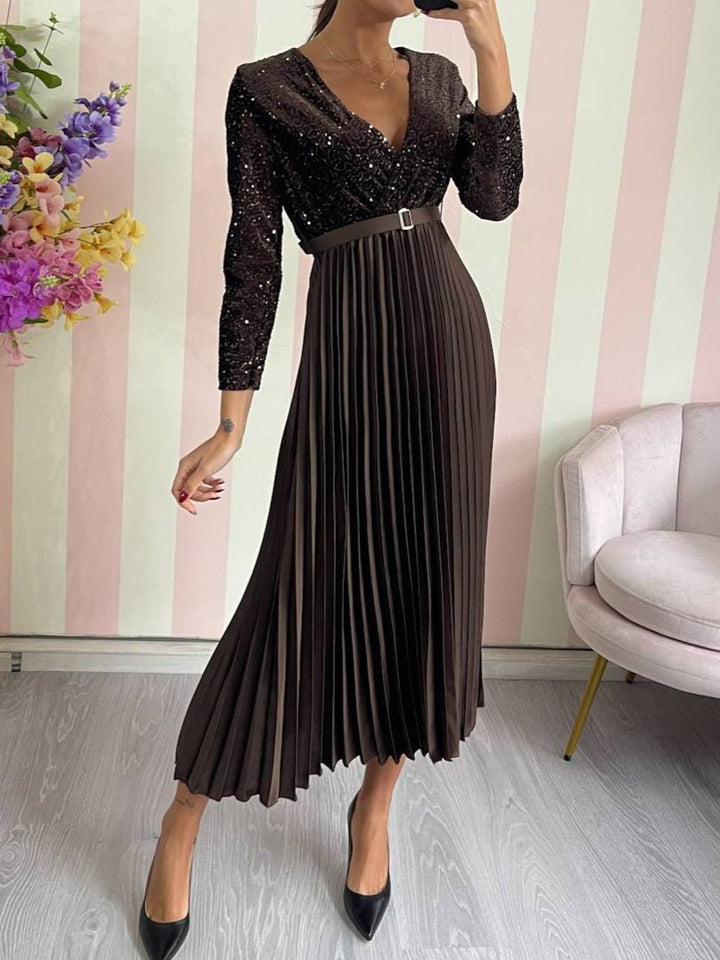 Abito in ciniglia con paillettes scollo a v manica lunga inclusa la cintura gonna plissettate ampia elasticizzato&nbsp; Argento Level Stores