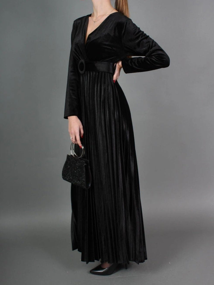 Abito in ciniglia scollo a v manica lunga inclusa la cintura gonna plissettate ampia Bordo Level Stores