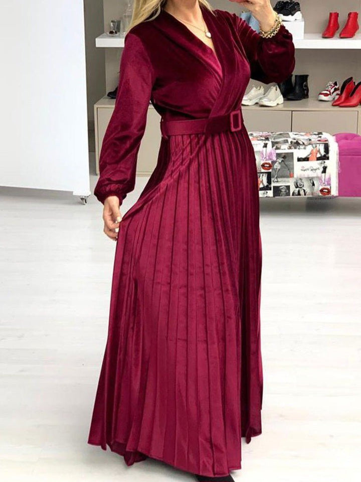 Abito in ciniglia scollo a v manica lunga inclusa la cintura gonna plissettate ampia Bordo Level Stores