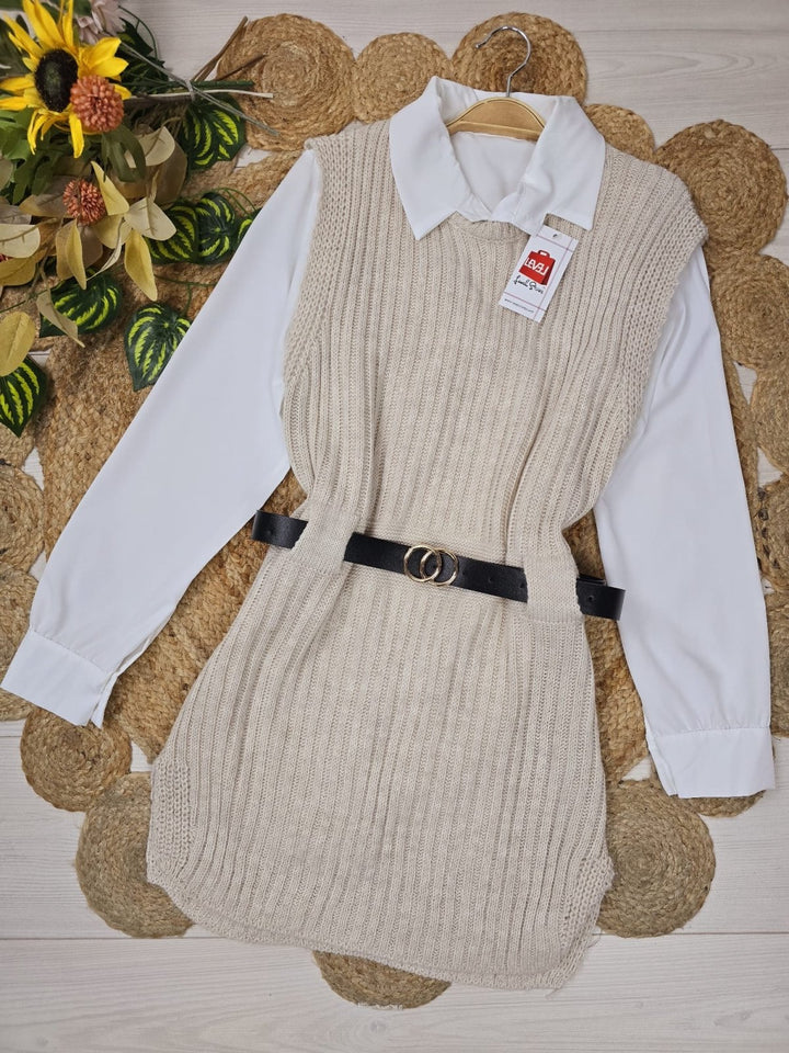 Abito in due pezzi Camicia bianca gilet lungo con cintura inclusa - Grigio - Level Stores