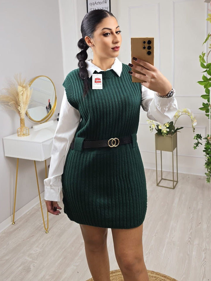 Abito in due pezzi Camicia bianca gilet lungo con cintura inclusa - Verde scuro - Level Stores