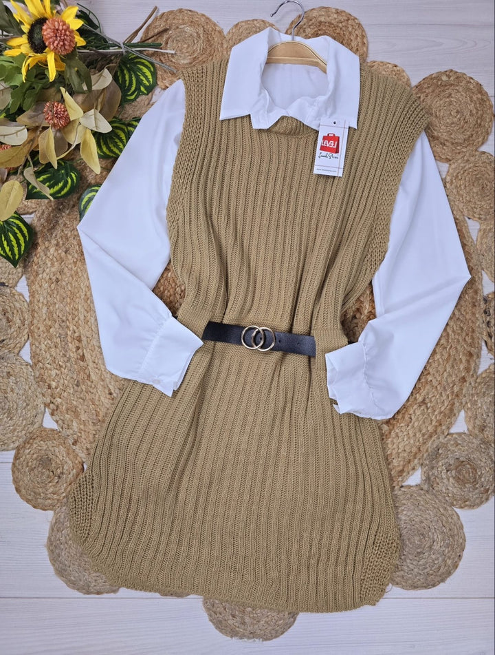 Abito in due pezzi Camicia bianca gilet lungo con cintura inclusa - Grigio - Level Stores