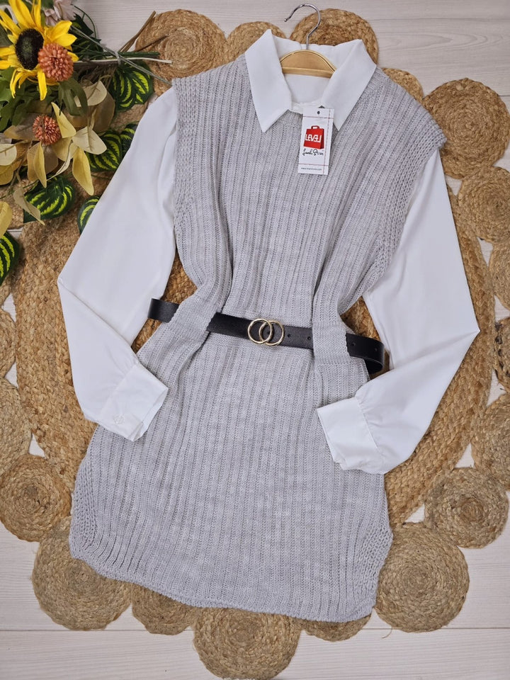 Abito in due pezzi Camicia bianca gilet lungo con cintura inclusa - Grigio - Level Stores