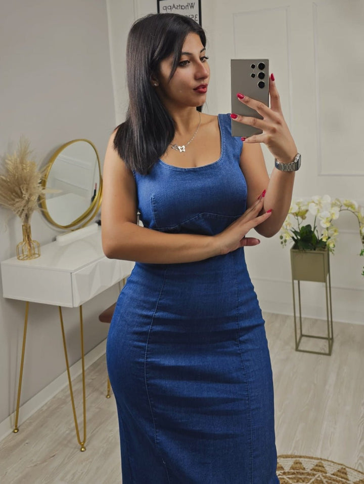 Abito in jeans scollo quadrato Aderente elastico sul retro Elegante Casual - Blu - Level Stores