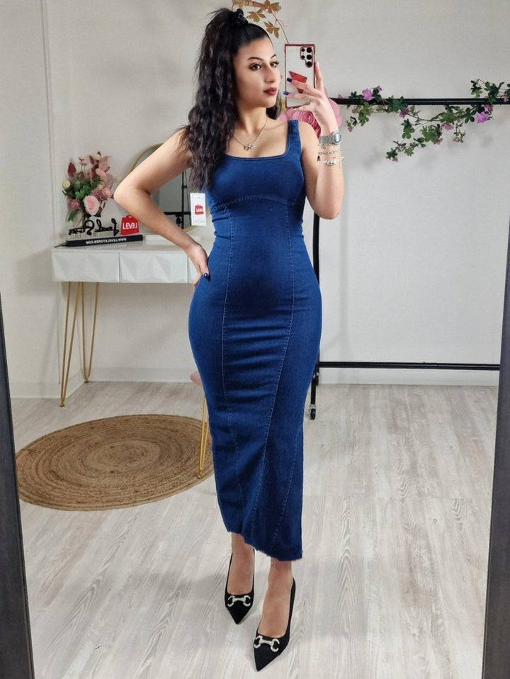 Abito in jeans scollo quadrato Aderente elastico sul retro Elegante Casual - Blu - Level Stores
