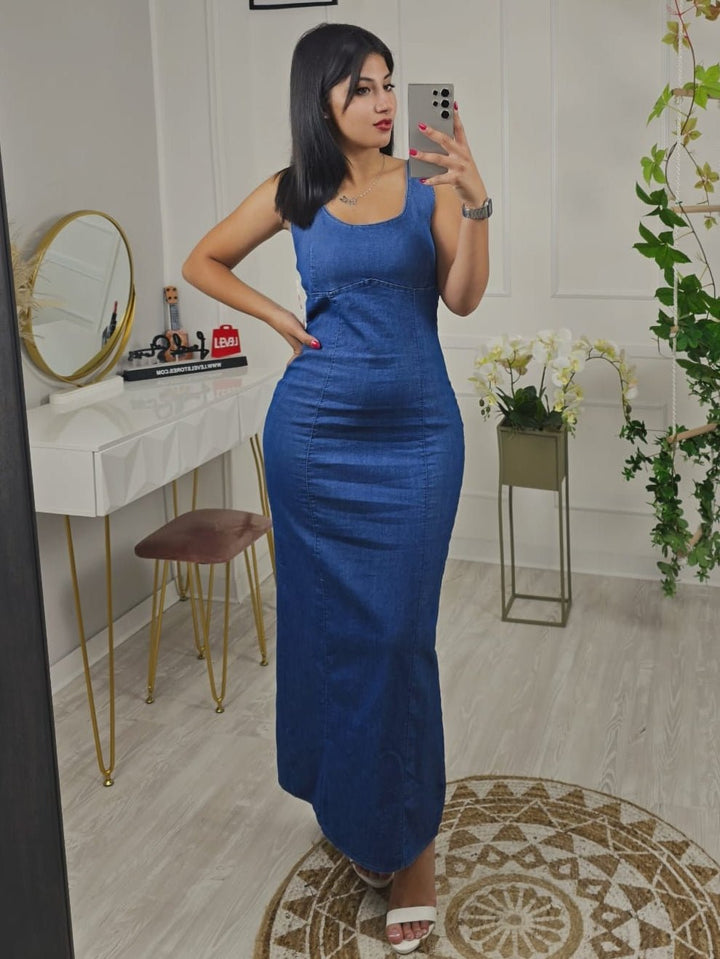 Abito in jeans scollo quadrato Aderente elastico sul retro Elegante Casual - Blu - Level Stores