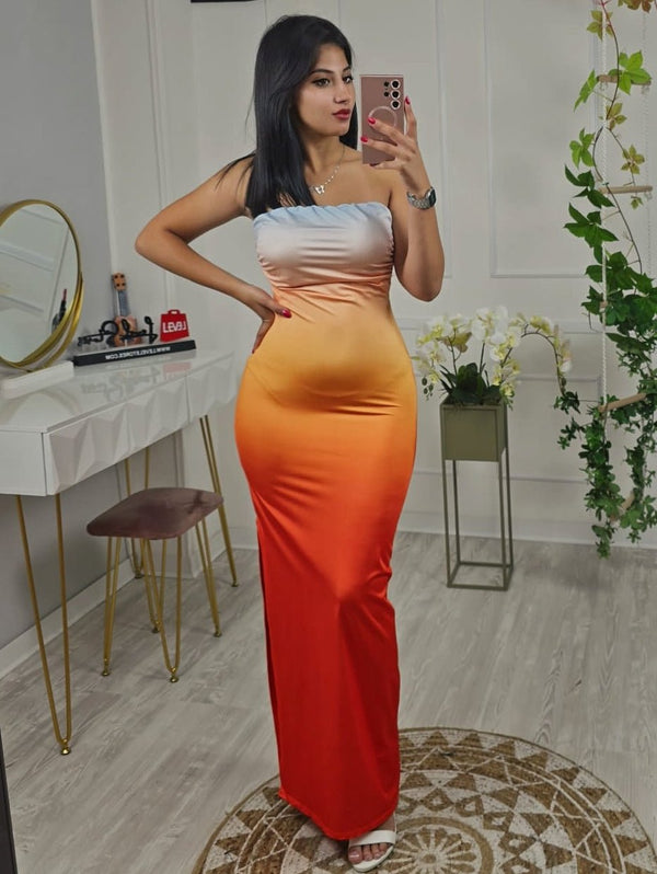 Abito in lycra a fascia con coppe con fantasia multicolore - Arancione - Level Stores