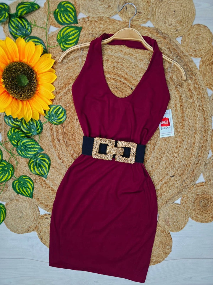 Abito in lycra corto con scollo all'americana tinta unita aderente elegante Bordo Level Stores