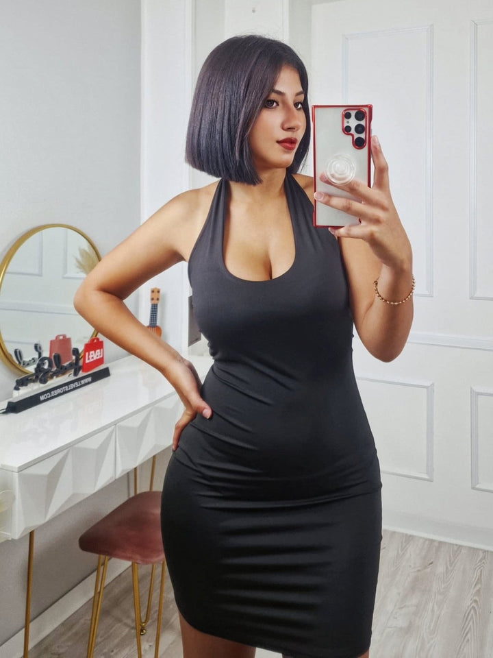 Abito in lycra corto con scollo all'americana tinta unita aderente elegante Nero Level Stores