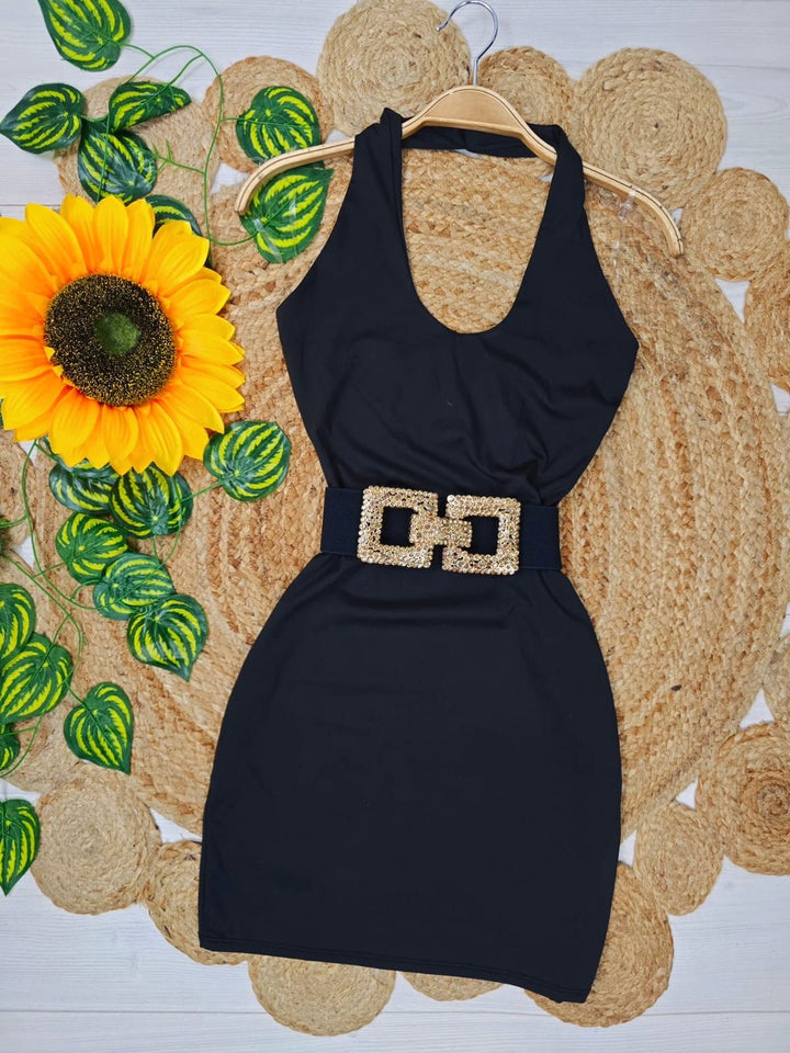 Abito in lycra corto con scollo all'americana tinta unita aderente elegante Nero Level Stores