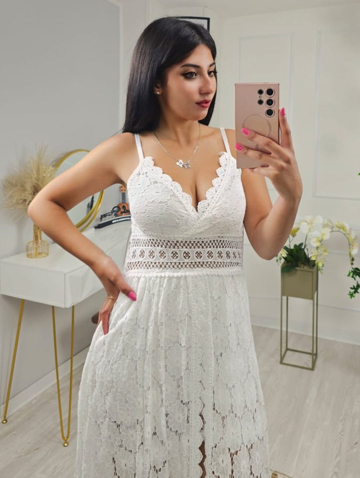 Abito in macramè con pantaloncino e gonna lunga - Bianco - Level Stores