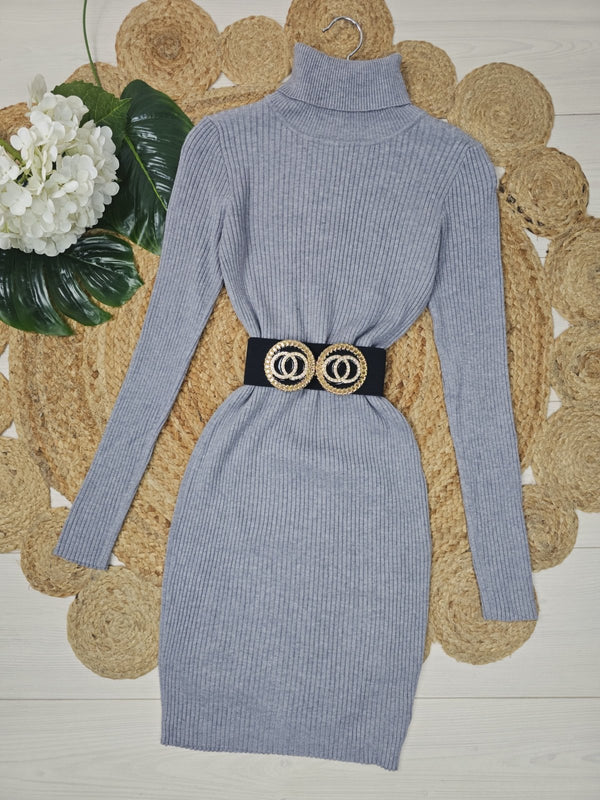 Abito in maglia a costine collo alto manica lunga aderente elasticizzato morbido e caldo Grigio Level Stores