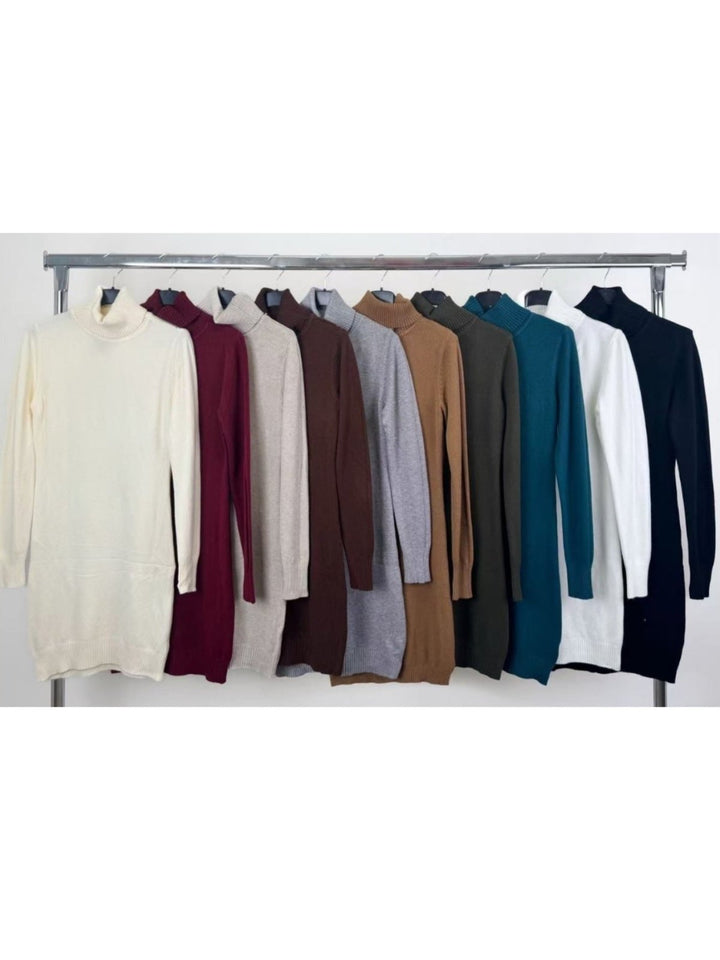 Abito in maglia a costine collo alto manica lunga aderente elasticizzato morbido e caldo Nero Level Stores